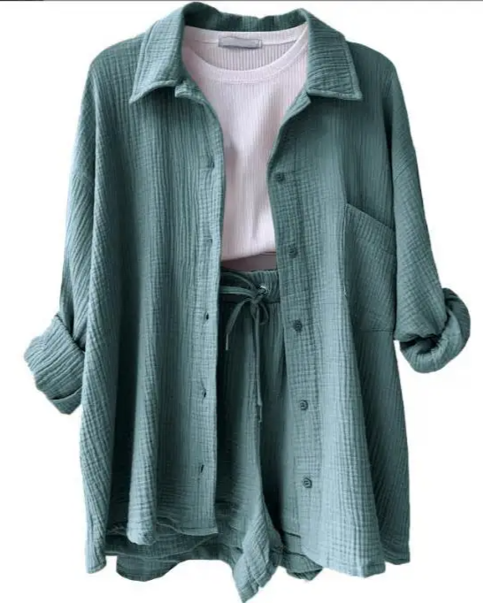 Women's everyday lounge set with relaxed shorts, two-piece. Comfortable, stylish, & summer-ready.