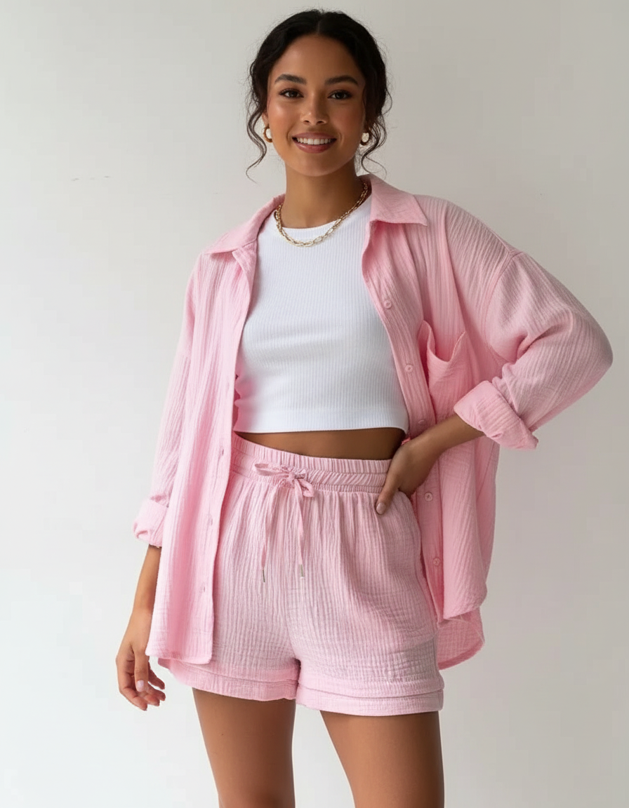 Lightweight women's two-piece set: lounge top & relaxed shorts. Ideal for spring, summer comfort.