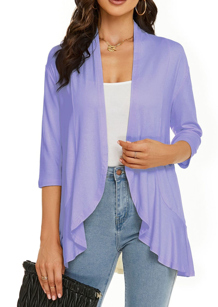 Detail of the open-front design on a lightweight women's cardigan, showcasing simple elegance for layering.