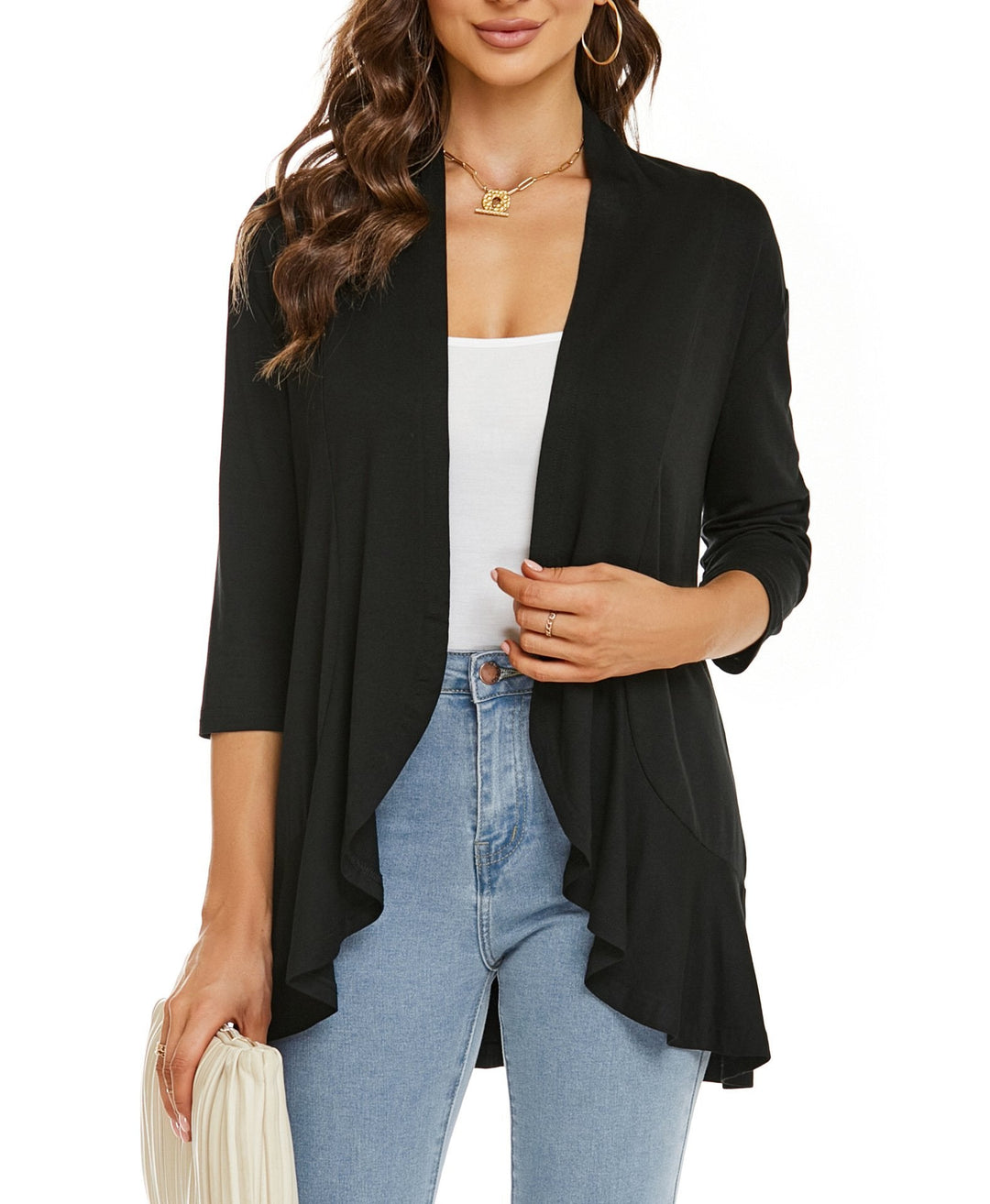 Close-up: Women's lightweight open-front cardigan showing soft, breathable fabric texture. Ideal for comfort.