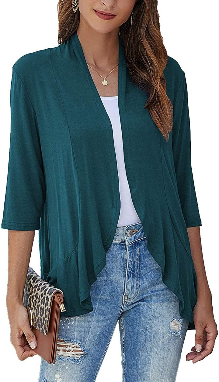 Back view of a women's lightweight open-front cardigan, showcasing its casual, flowing drape for everyday wear.
