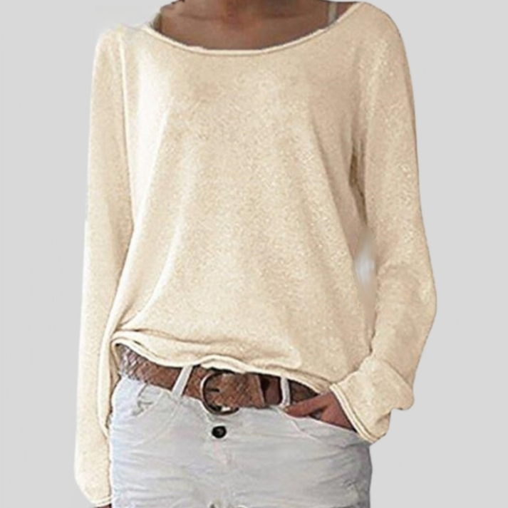 Model wearing women's lightweight pullover sweater. Casual, comfortable & versatile long sleeve top for everyday style.