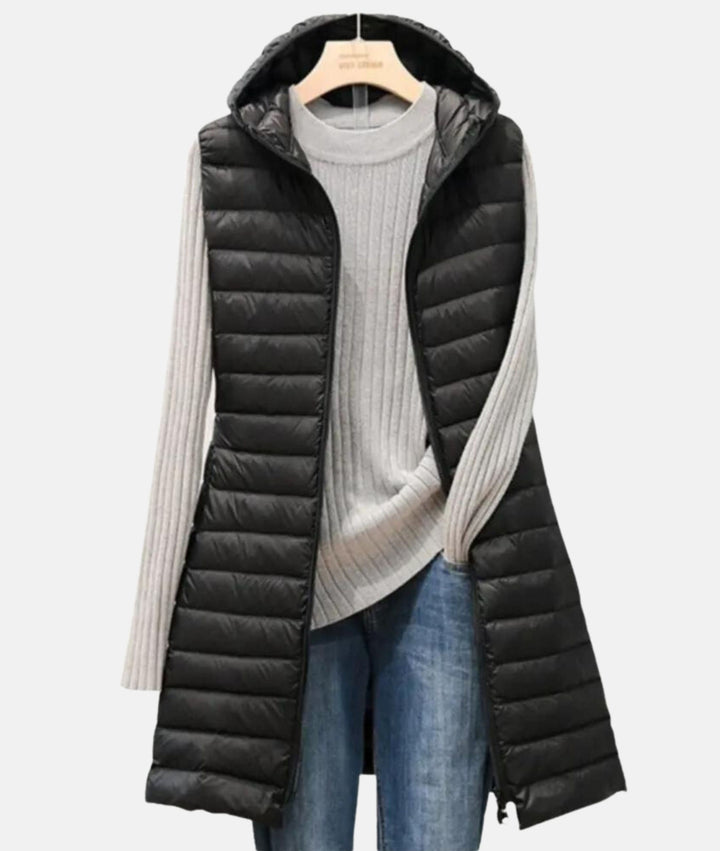 Chic women's lightweight quilted long jacket, warm and comfortable for fall & winter casual wear.