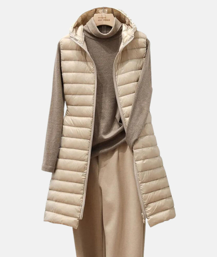 Casual women's long quilted jacket, lightweight for fall, warm winter coat, stylish outerwear.