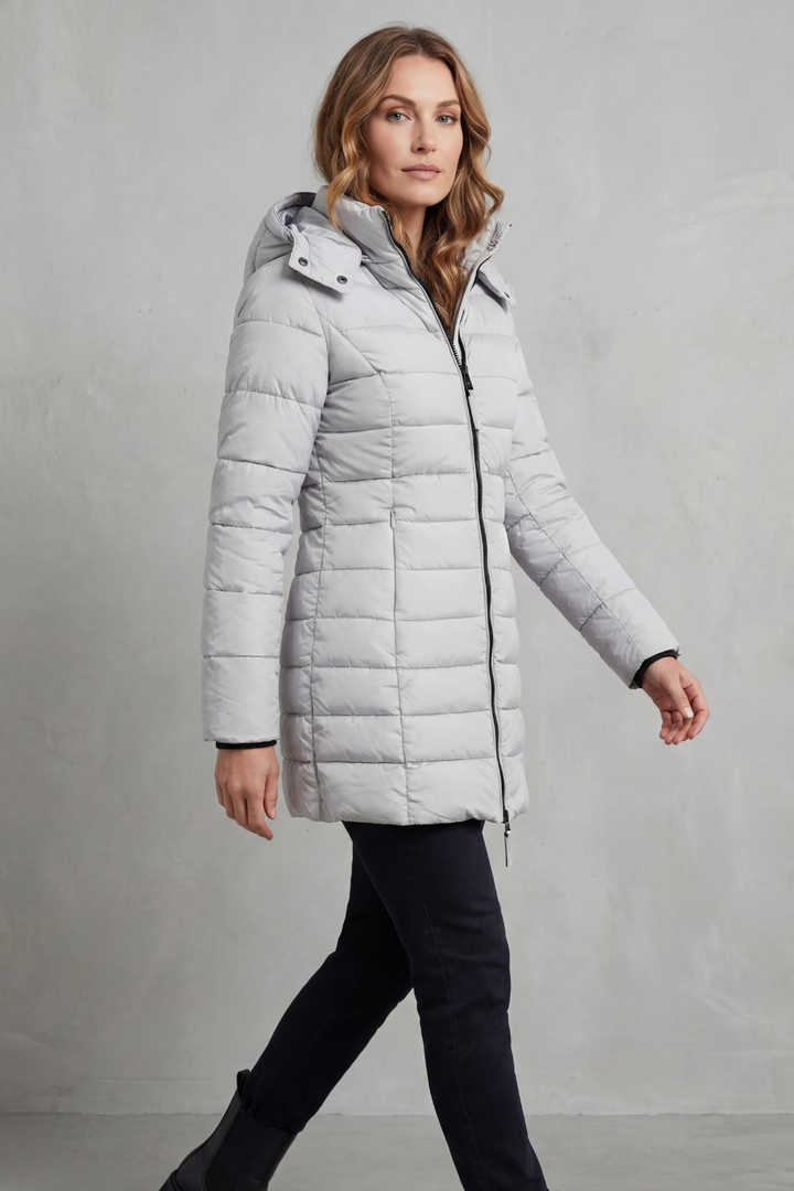 Warm women's puffer coat, lightweight & quilted design ideal for casual wear & layering in cold weather.