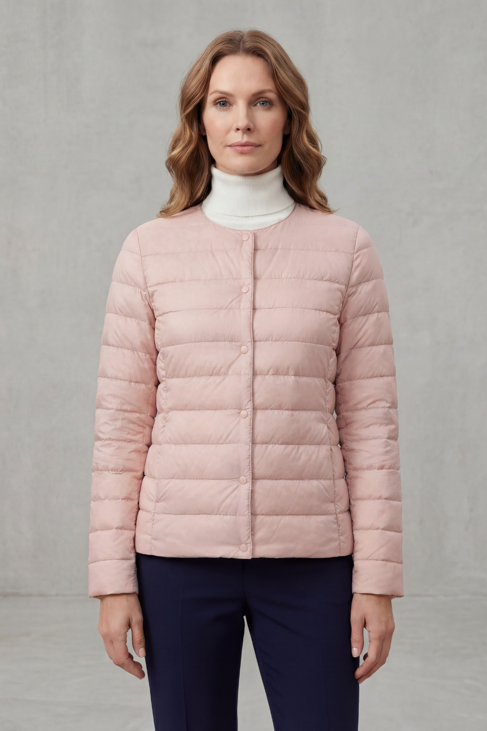 Modern women's lightweight jacket, a stylish quilted puffer for spring and fall outerwear.