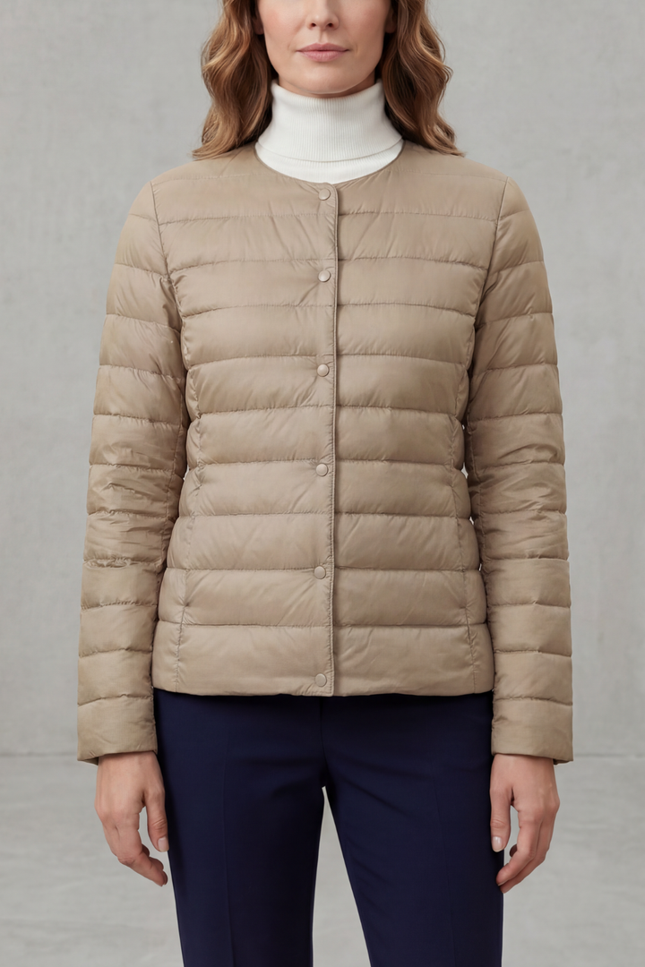 Elegant women's quilted puffer, a fashionable outerwear choice for spring and fall.