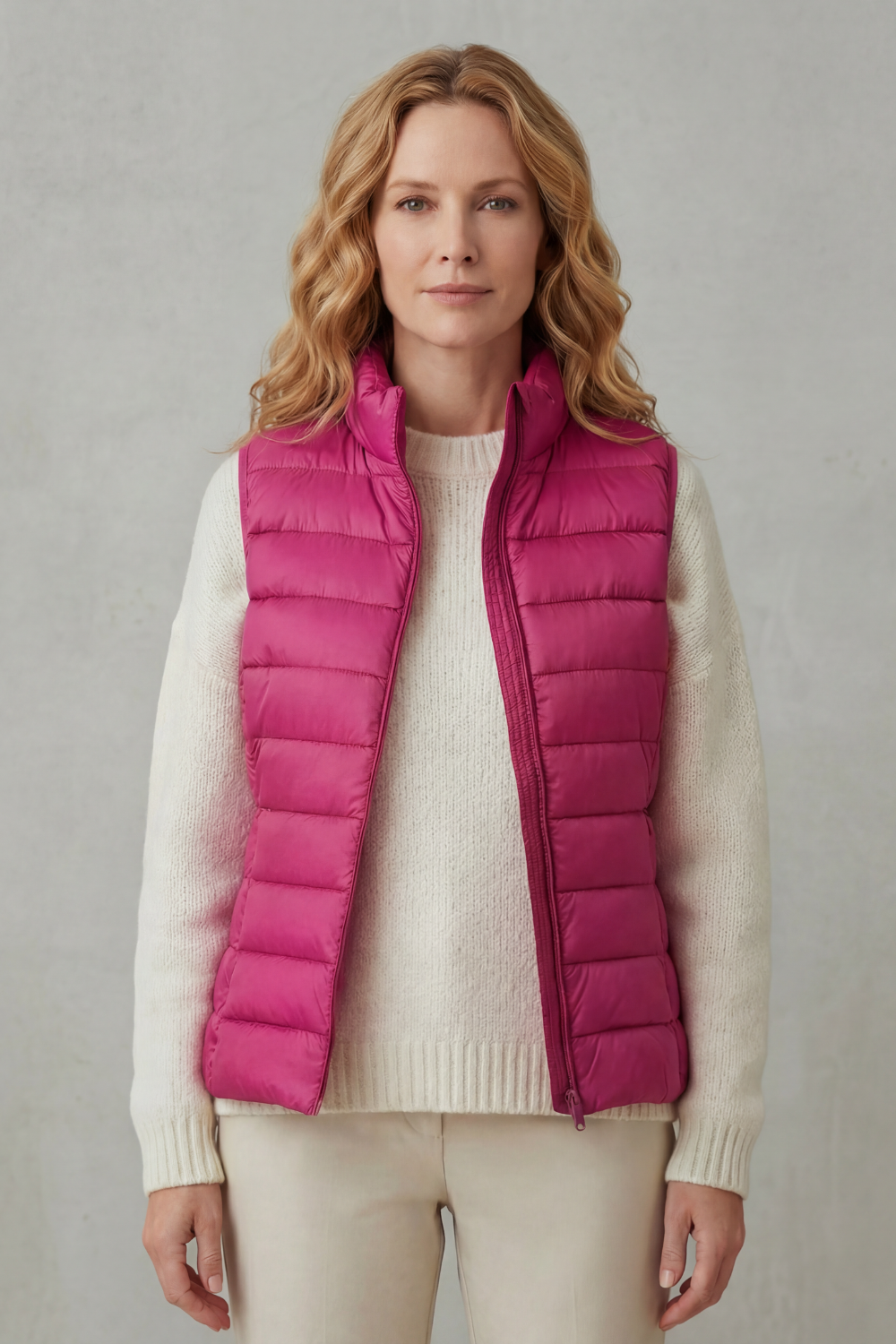 Women's quilted sleeveless jacket, offering warmth and a chic look.