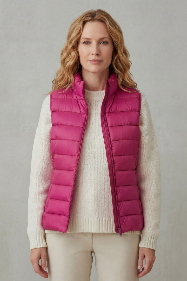 Women's quilted sleeveless jacket, offering warmth and a chic look.