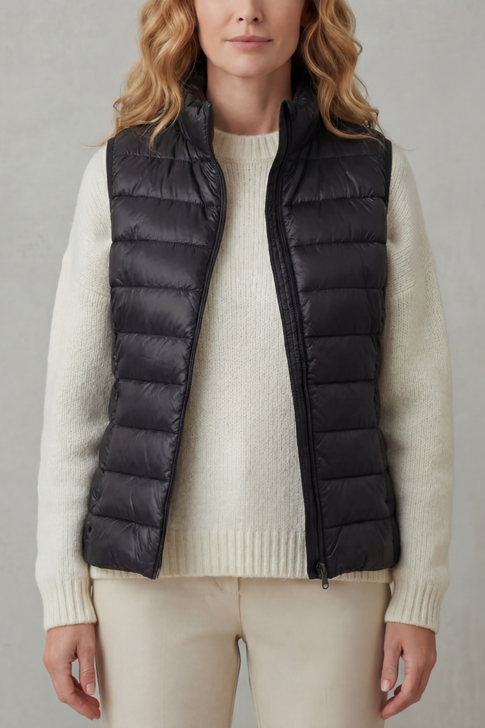 Trendy women's quilted layering vest, a stylish choice for cooler days.