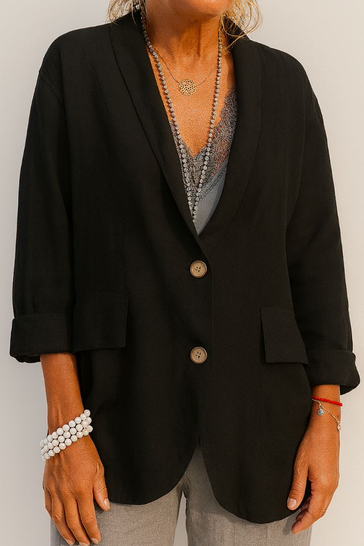 Women's lightweight relaxed fit blazer with 3/4 sleeves & button front. Perfect for casual or office spring/summer wear.