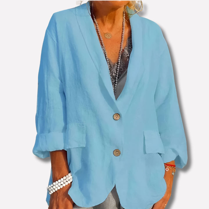 Elegant women's lightweight 3/4 sleeve blazer, relaxed fit with V-neck & button front. Great for summer office wear.