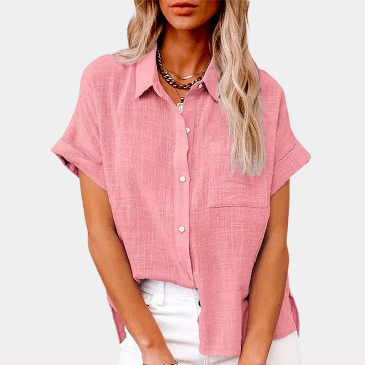 Women's lightweight short-sleeve button-front shirt for casual summer wear.