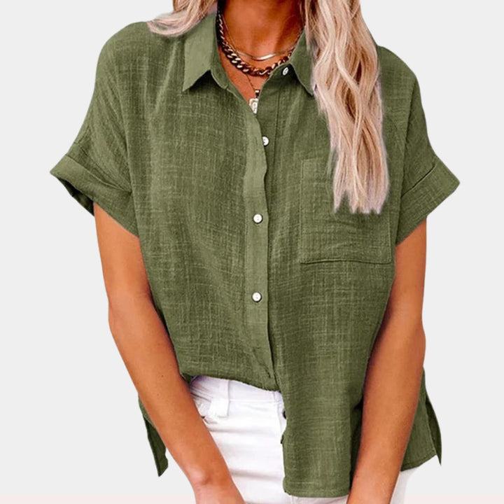 Relaxed fit women's short sleeve blouse, perfect versatile top for everyday style.