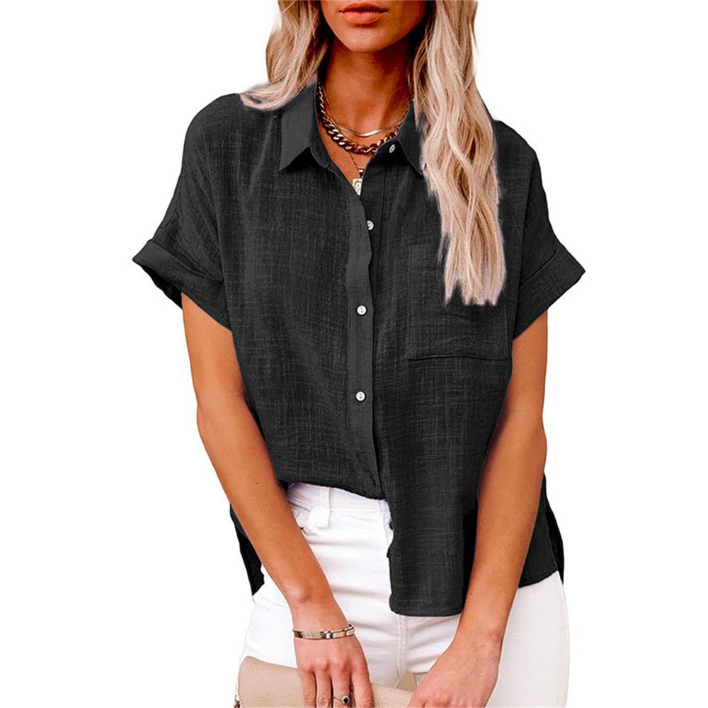 Comfortable women's button-front shirt, lightweight & breathable, great for vacation.
