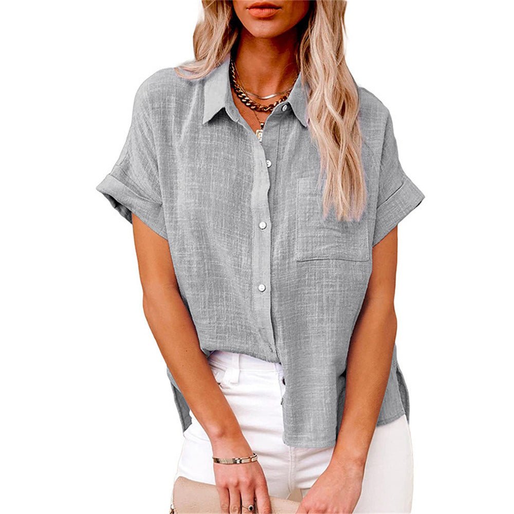 Essential women's button-front short-sleeve shirt, great for layering or on its own.