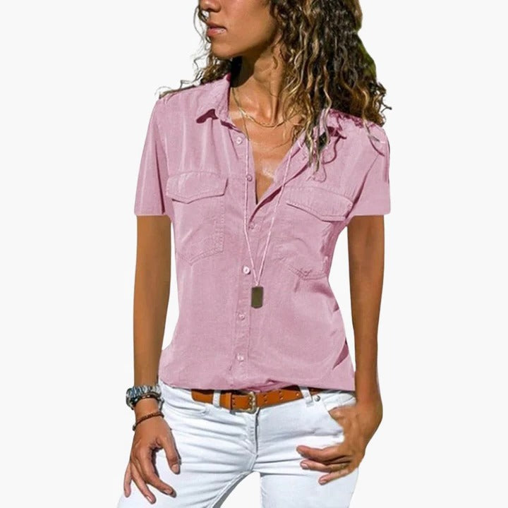 Stylish women's short sleeve button-up top, ideal for summer. Casual & versatile everyday fashion. Lightweight fabric.
