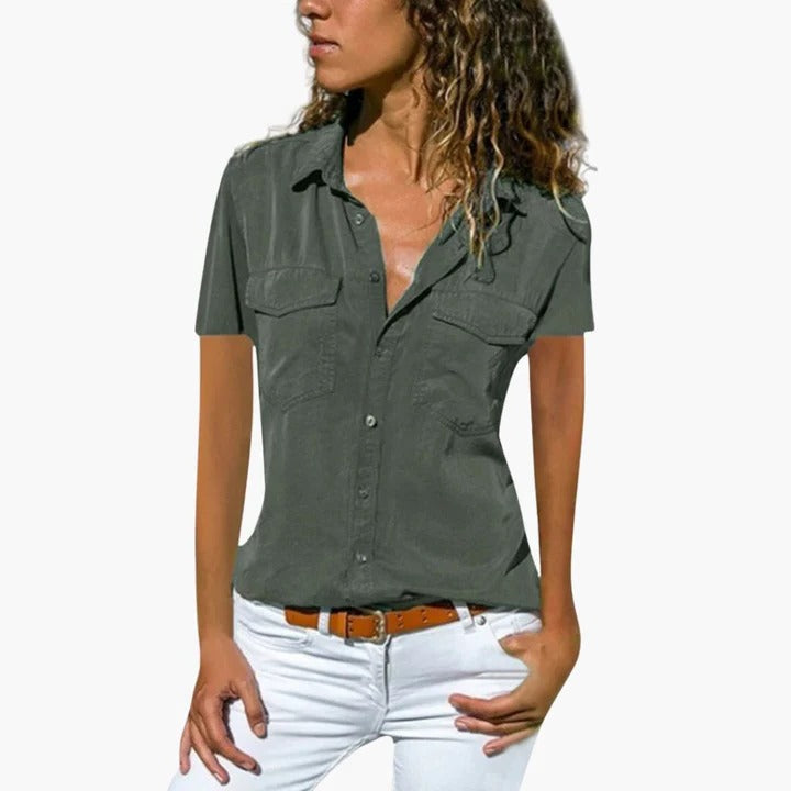 Trendy women's short sleeve button-up top, designed for summer comfort. Lightweight casual everyday fashion shirt.