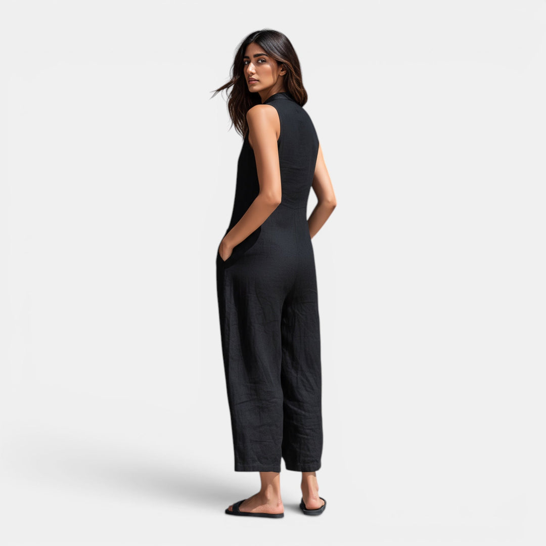 Black women's lightweight wide-leg playsuit, comfortable sleeveless summer jumpsuit for casual style.