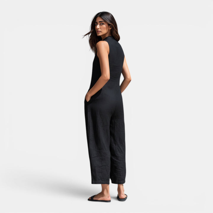 Black women's lightweight wide-leg playsuit, comfortable sleeveless summer jumpsuit for casual style.