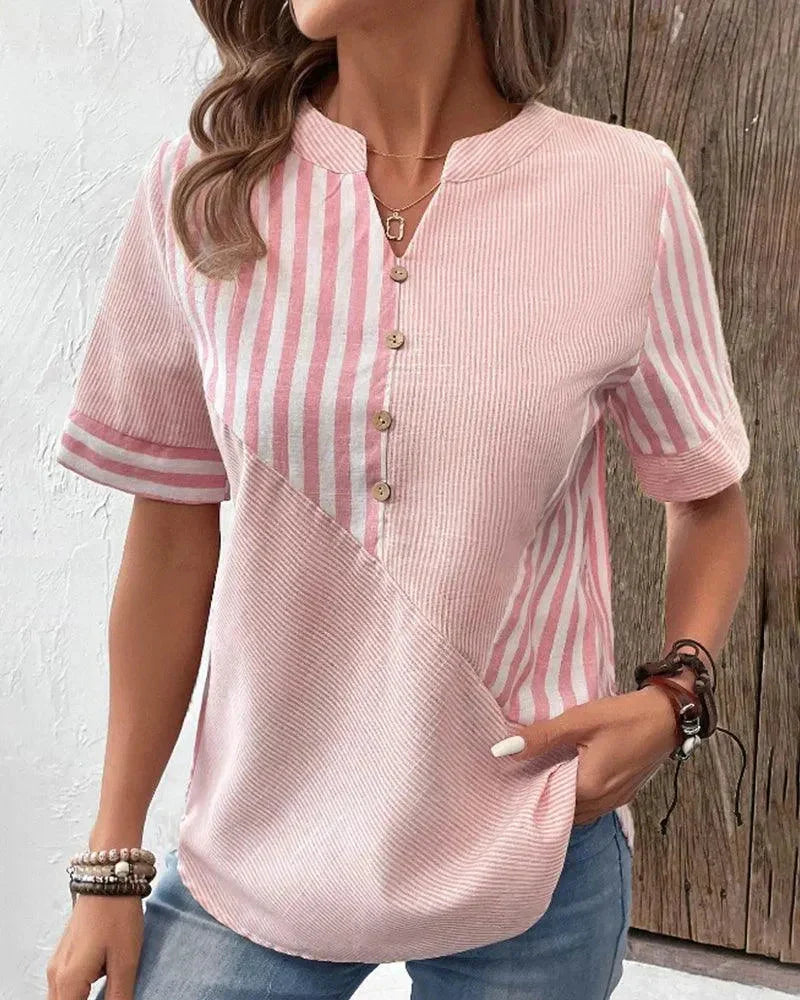 Women's lightweight striped blouse with mandarin collar, button front. Versatile chic top for spring/summer work or casual.