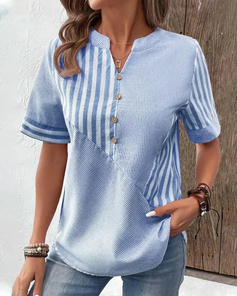 Elegant women's striped blouse, lightweight & perfect for spring/summer. Features a stylish mandarin collar & button-front.