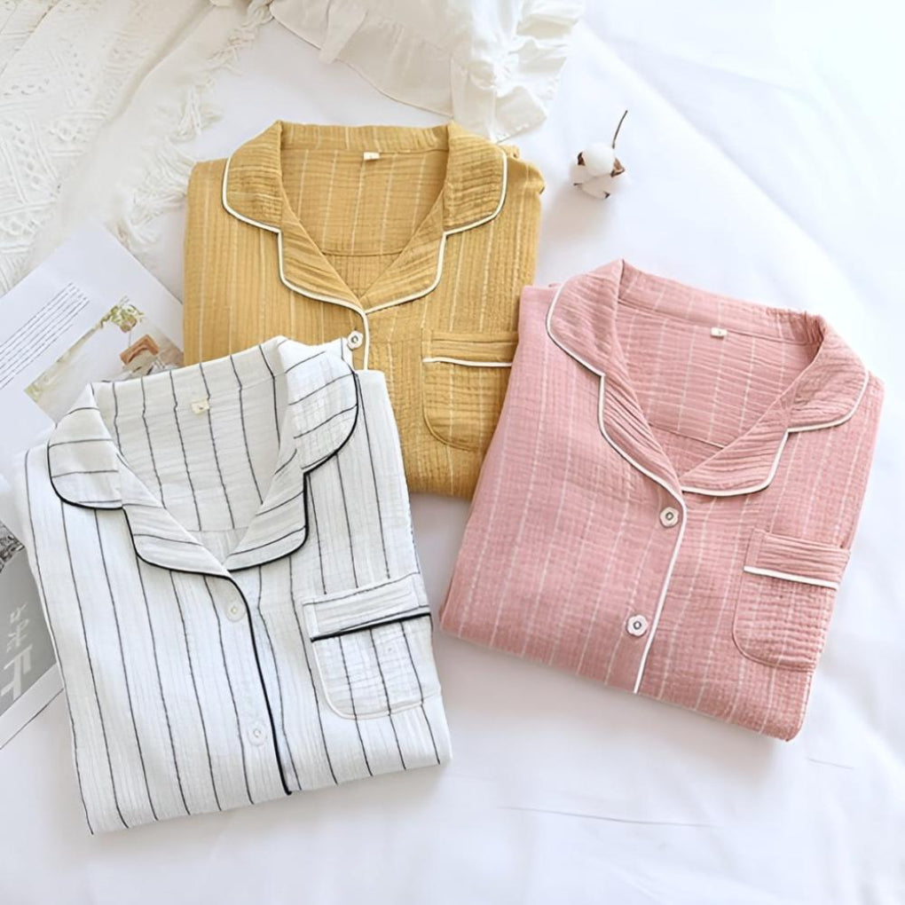 Women's lightweight striped cotton gauze nightgown, long sleeve for comfortable, breathable sleepwear.