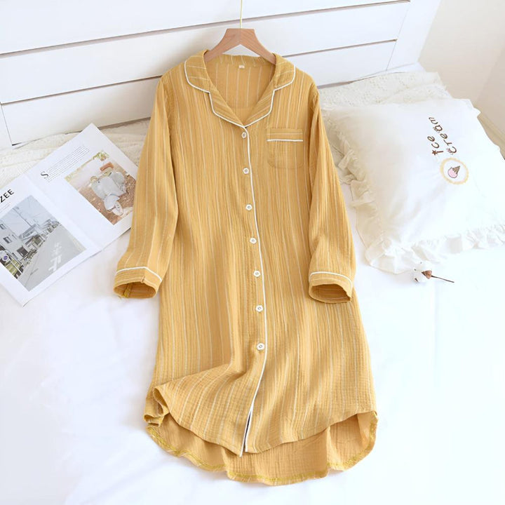 Relaxed fit women's cotton gauze nightgown, striped long sleeve, perfect for comfortable summer sleep & loungewear.