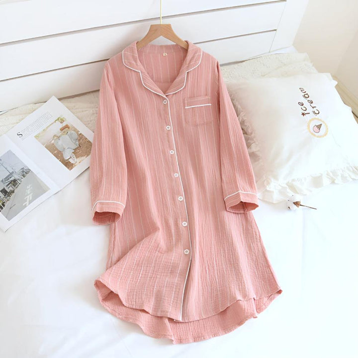 Striped cotton gauze women's nightgown, lightweight and breathable long sleeve sleepwear for relaxed comfort.