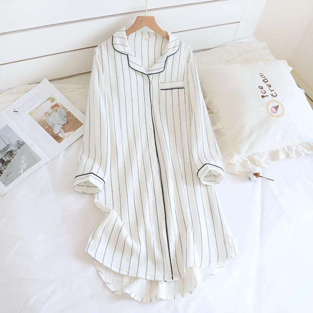 Plus size friendly striped cotton gauze nightgown, breathable long sleeve summer nightie for comfortable sleepwear.
