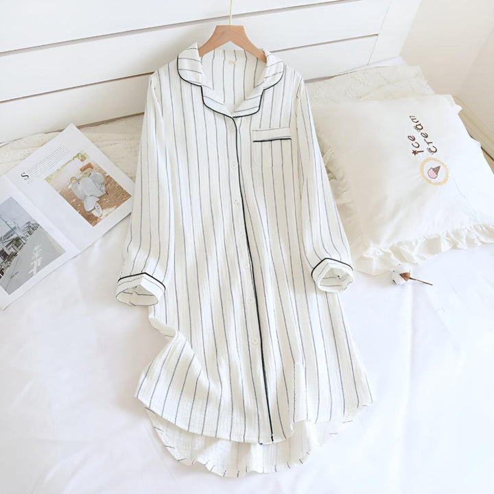 Plus size friendly striped cotton gauze nightgown, breathable long sleeve summer nightie for comfortable sleepwear.
