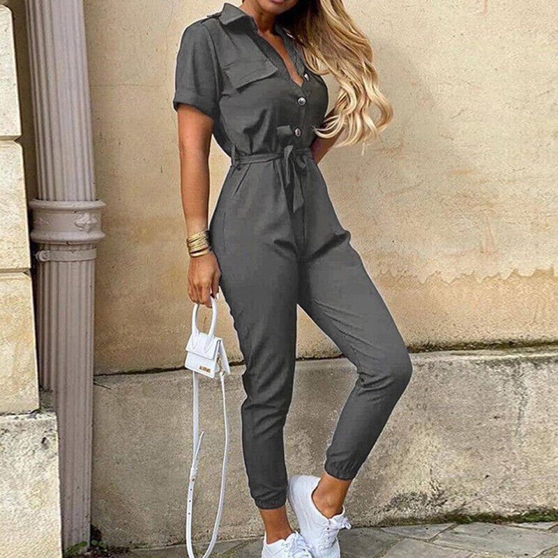Women's casual chic short sleeve jumpsuit with structured fit, button front, & adjustable waist tie.