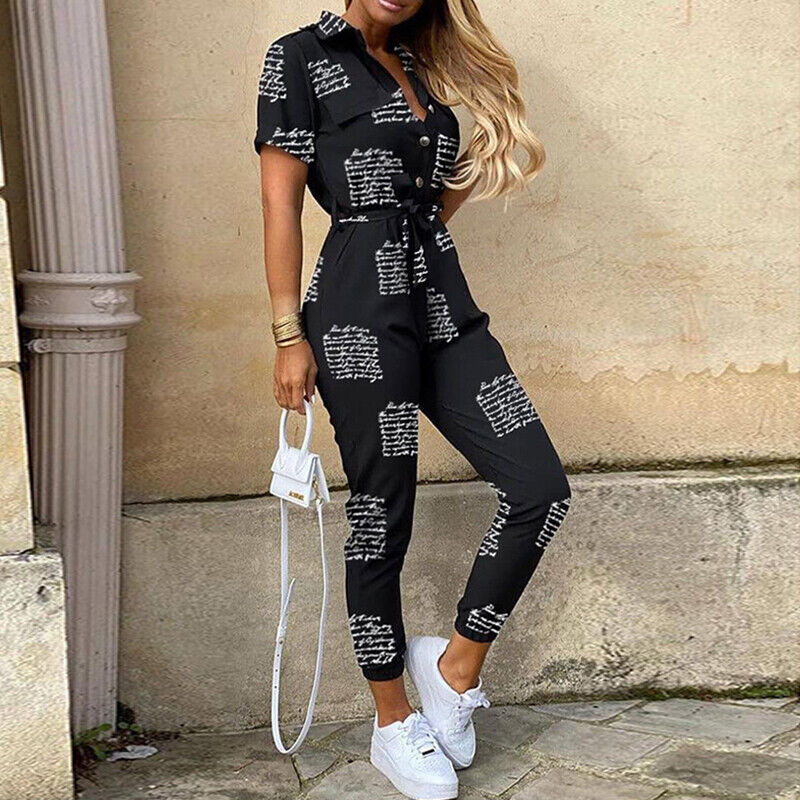 Lightweight women's structured fit jumpsuit, short sleeve, button-front, ideal for everyday elegance.
