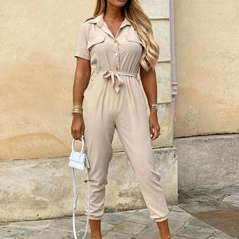 All-in-one women's summer jumpsuit, short sleeve, structured, with button front & stylish waist tie.