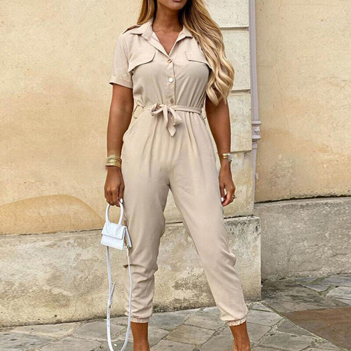 All-in-one women's summer jumpsuit, short sleeve, structured, with button front & stylish waist tie.