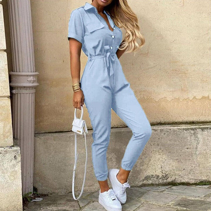 Versatile all-in-one women's short sleeve jumpsuit, structured fit, button front, casual chic style.