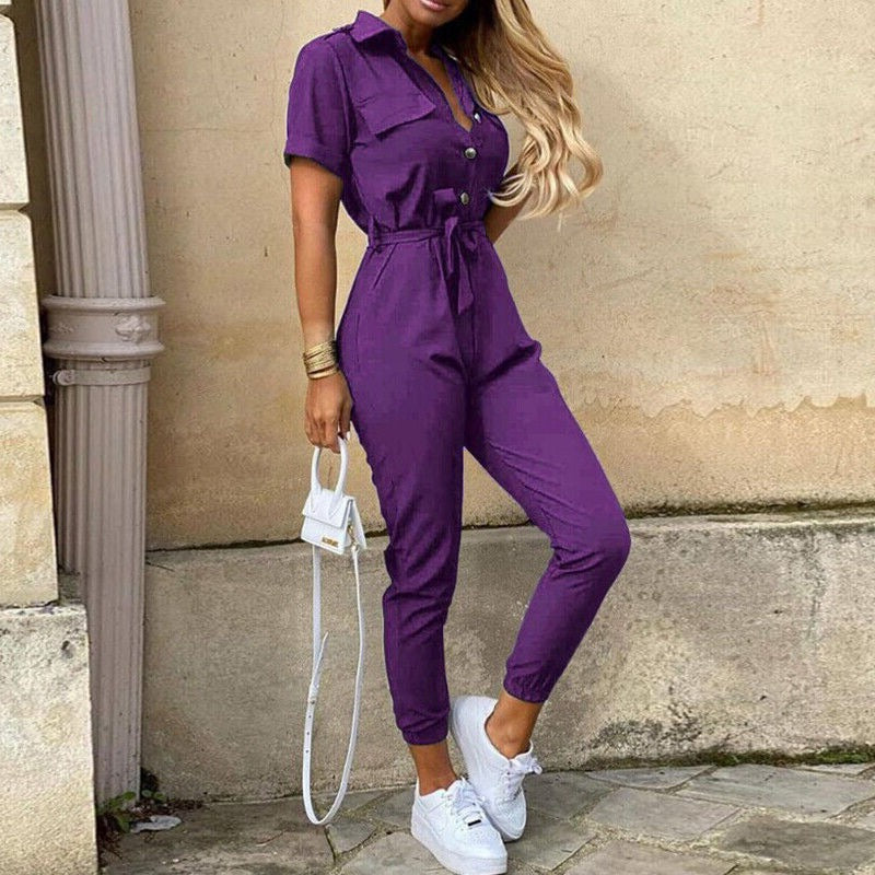 Summer fashion women's structured fit jumpsuit, short sleeve, elegant, perfect for versatile styling.
