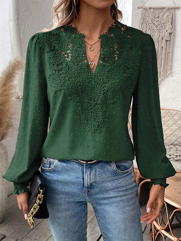 Model wearing a chic women's lightweight summer blouse. Perfect airy design top for office or casual fashion.