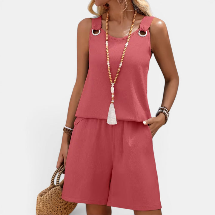 Stylish sleeveless top & matching shorts, a comfortable women's resort wear outfit.