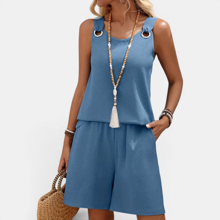 Detail of the comfortable shorts, part of a women's lightweight summer set.