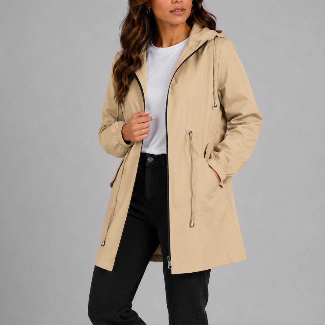 Lightweight women's waterproof rain jacket with an adjustable hood and waist, ideal for outdoor wear.