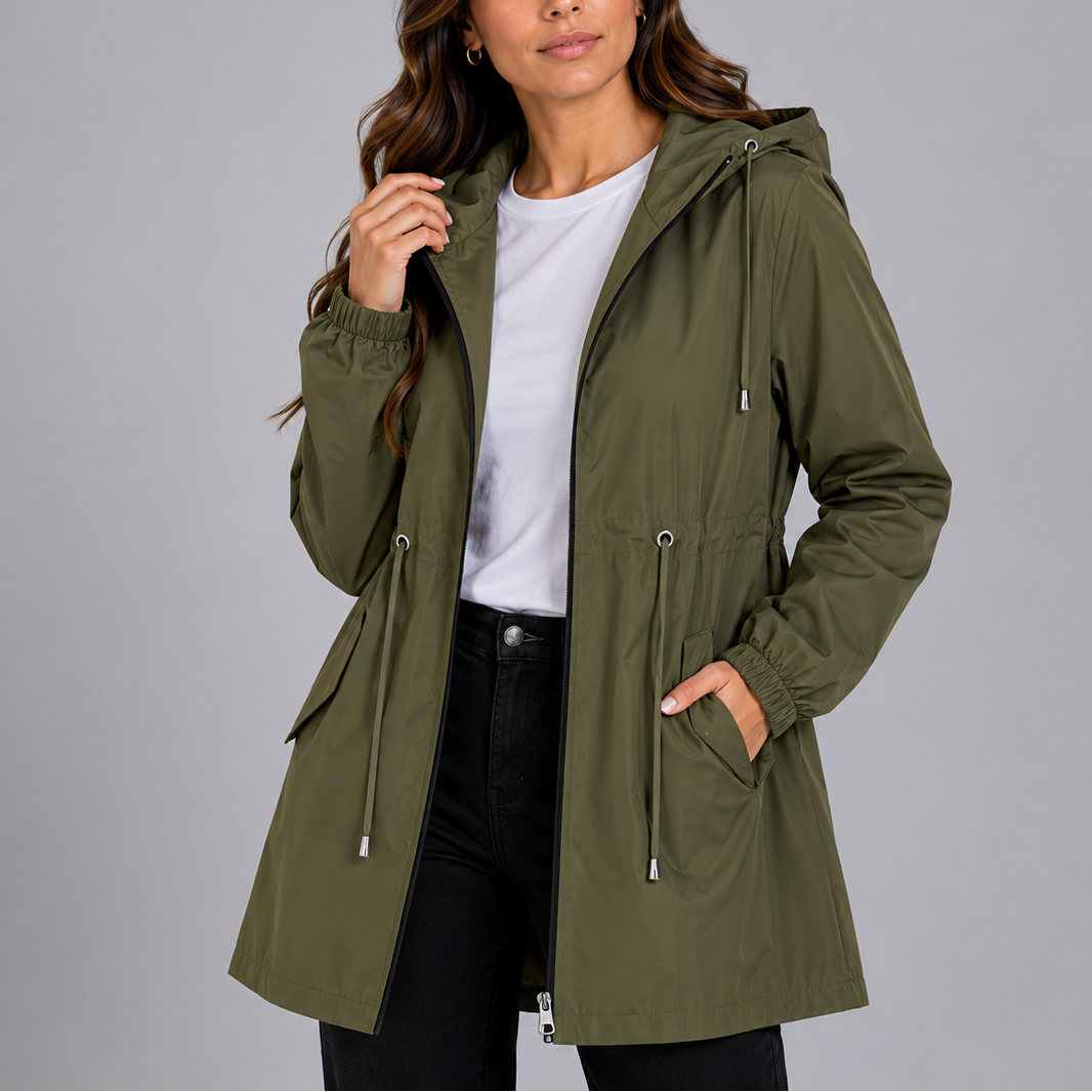 Stylish women's hooded rain jacket, lightweight and waterproof, great for everyday casual wear & travel.