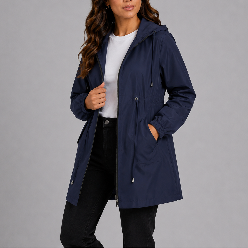Waterproof women's raincoat featuring a protective hood, designed for all-weather outdoor adventures. Lightweight.