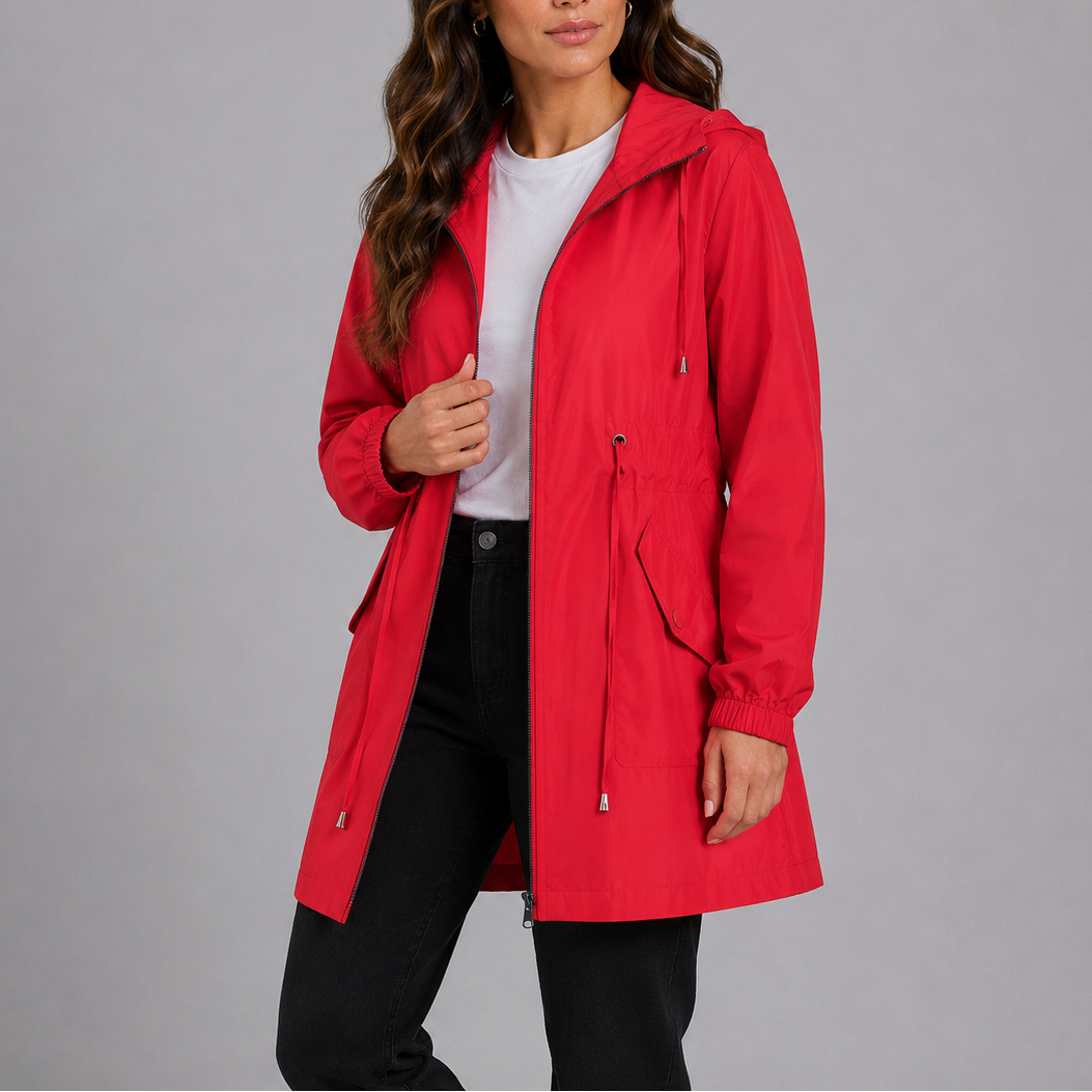 Comfortable women's lightweight rain jacket with hood, perfect as a versatile spring and travel outerwear.