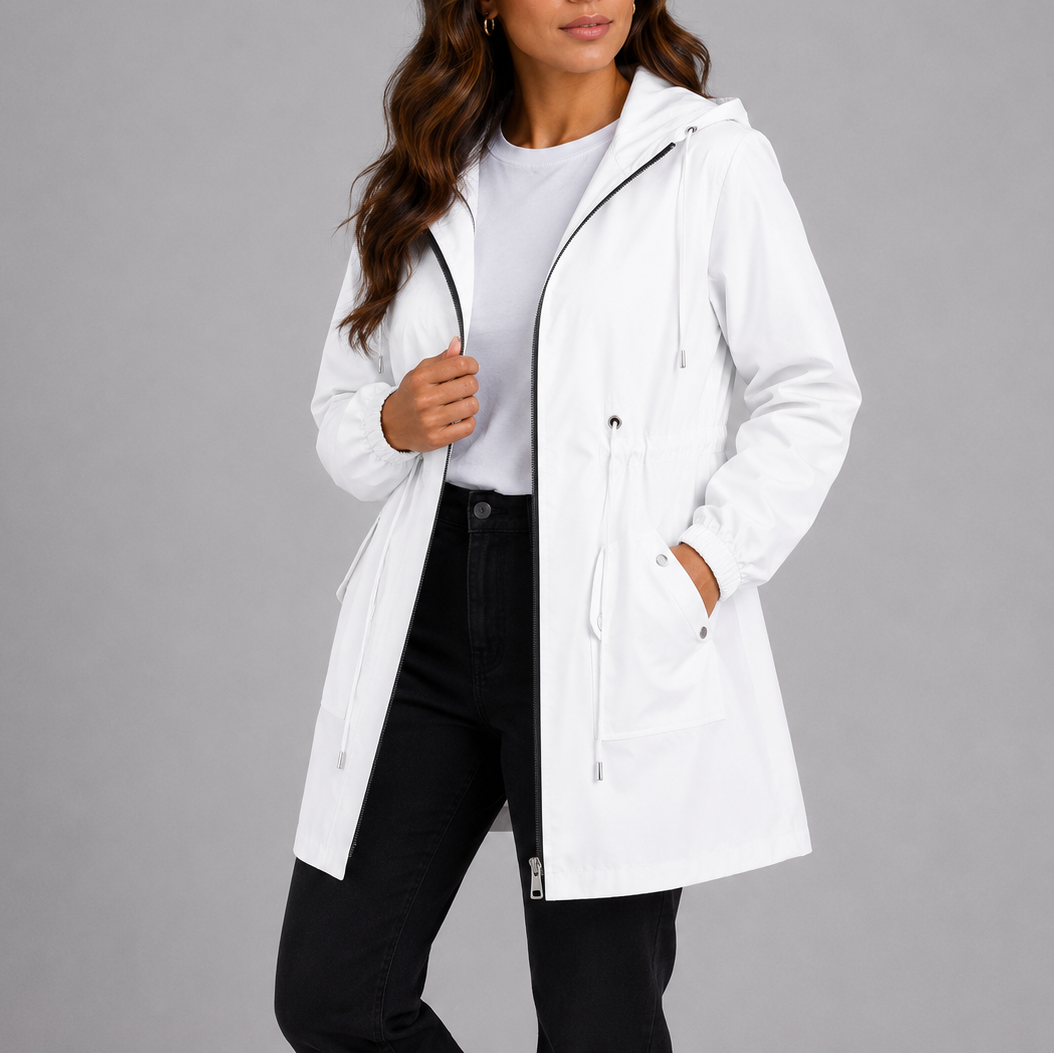 Ladies' lightweight waterproof rain jacket with an adjustable hood, suitable for spring walks and travel.