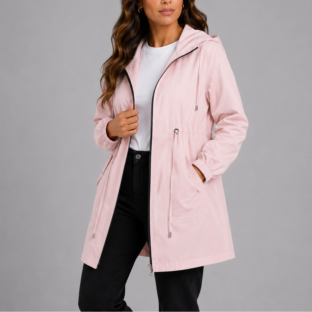 Modern women's hooded rain coat, lightweight and waterproof, offering stylish protection for any rainy day.
