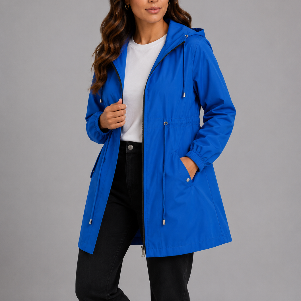 Functional women's lightweight rain jacket with a hood and adjustable waist, for practical waterproof style.