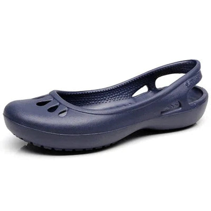 Black women's waterproof slingback sandals, lightweight and durable flats with a stylish cut-out detail.