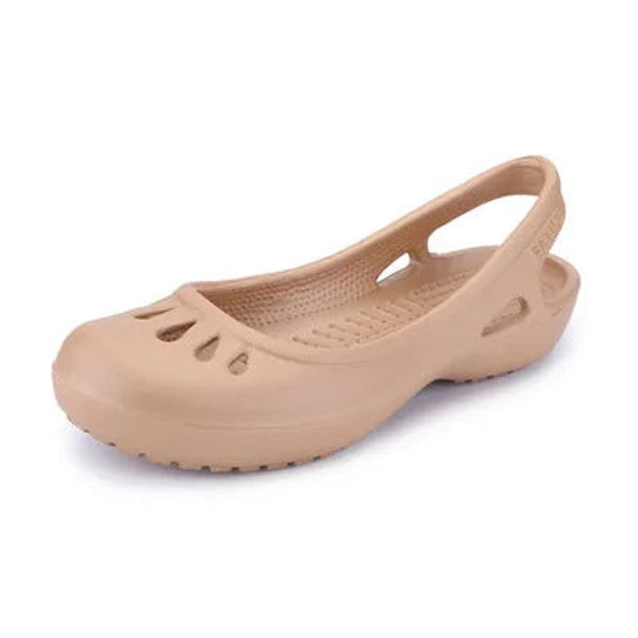 Black women's lightweight slingback sandals, waterproof and comfortable flats with unique cut-out design.