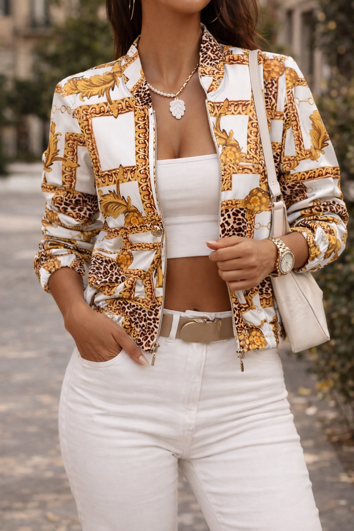 Effortless women's lightweight bomber jacket with full zip, a chic collarless design for perfect spring layering.